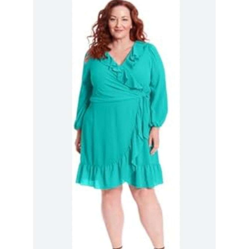London Times NWT T7326W Teal Green Surplice Tie Ruffle Dress Bubble Crepe Sz 24W